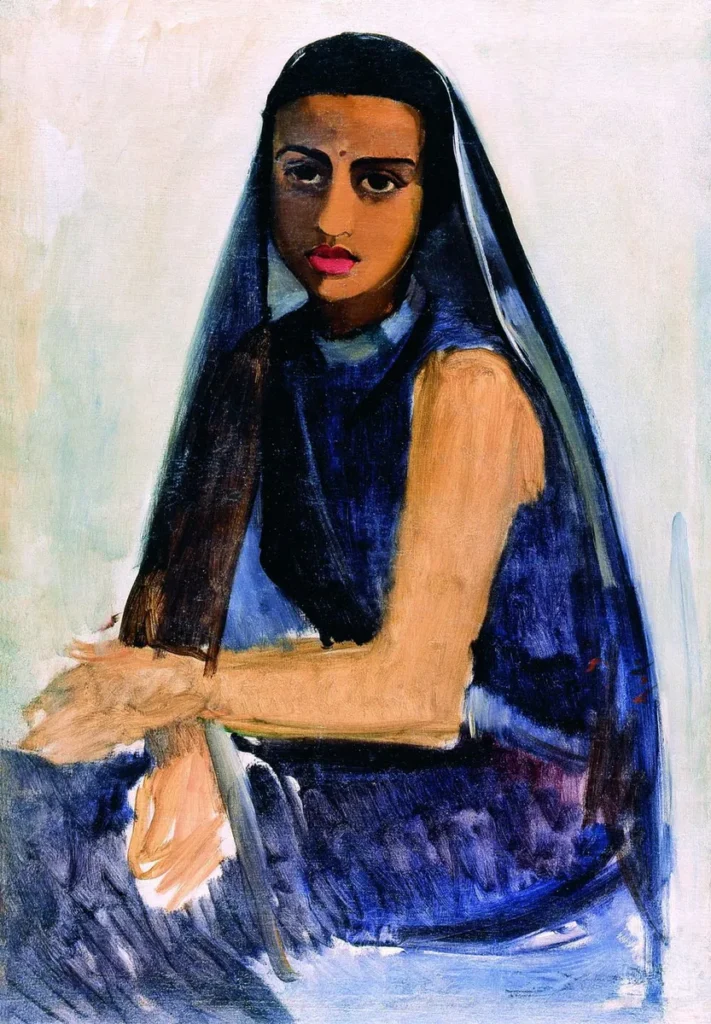 Amrita Sher-Gil self-portrait showcasing her draped in a blue sari with a black veil, highlighting her striking features and somber expression against a minimalist background, reflecting her unique blend of traditional Indian and modern painting styles.