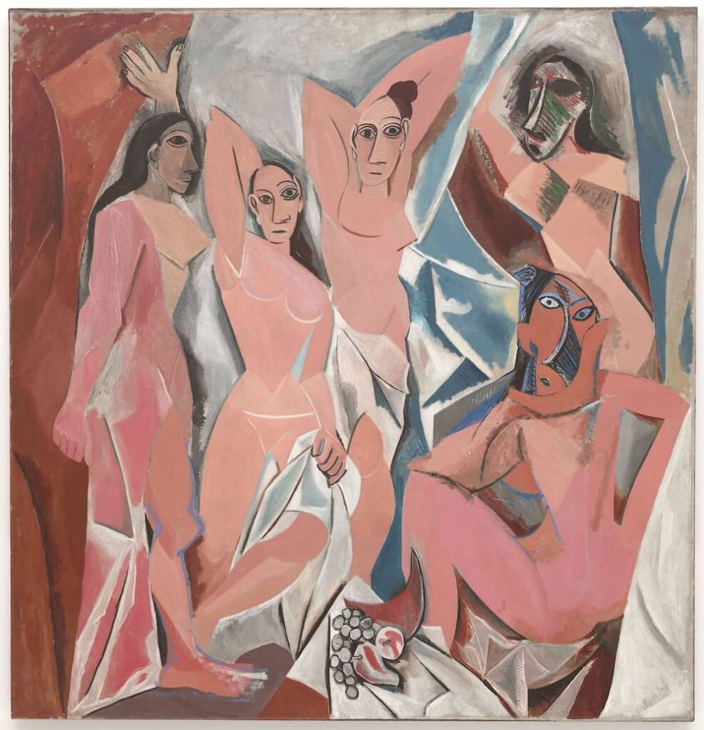 Abstract depiction of five women in Picasso's 'Les Demoiselles d'Avignon,' showcasing a radical cubist style with disjointed body shapes and a mix of flat and muted colors against a backdrop of sharp geometric patterns.