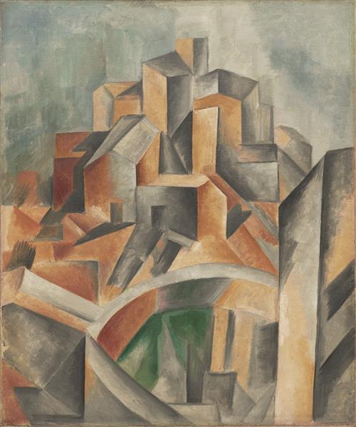 Abstract and angular depiction of urban architecture in Picasso's Cubist painting, 'The Reservoir, Horta de Ebro', featuring a dynamic interplay of geometric shapes and earthy tones.