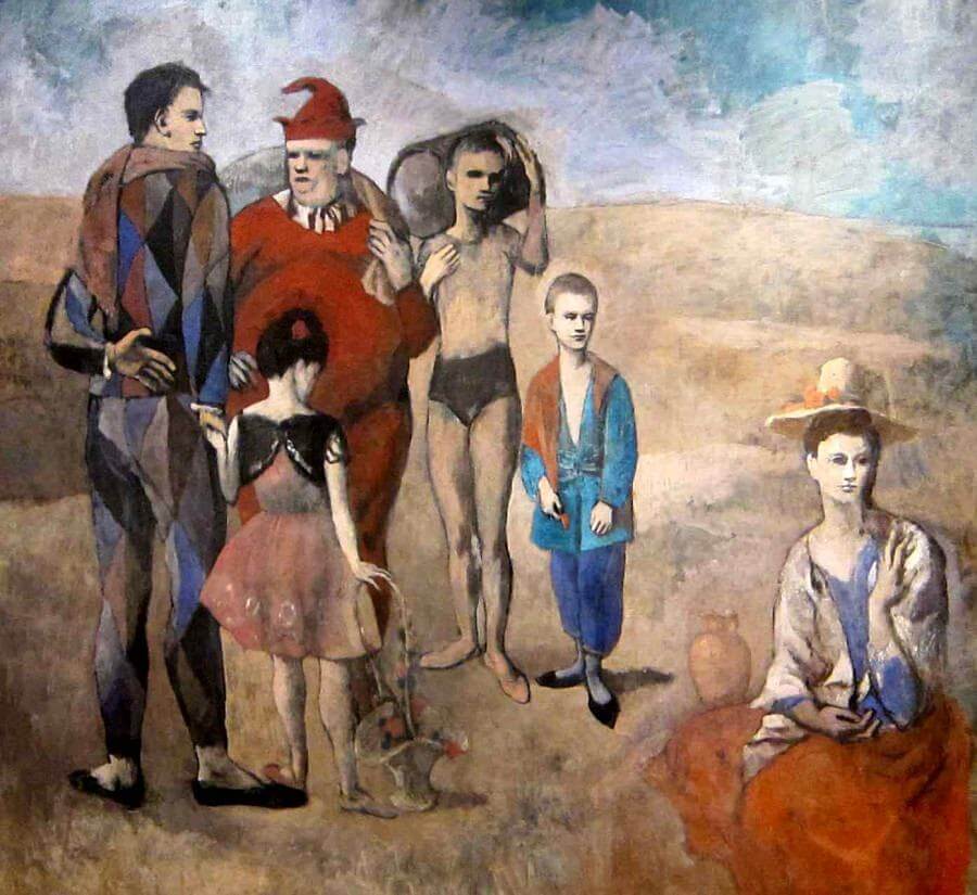 Picasso's 'Family of Saltimbanques' depicts a group of somber circus performers in muted tones, suggesting a narrative of transient lifestyle and silent camaraderie among the figures.