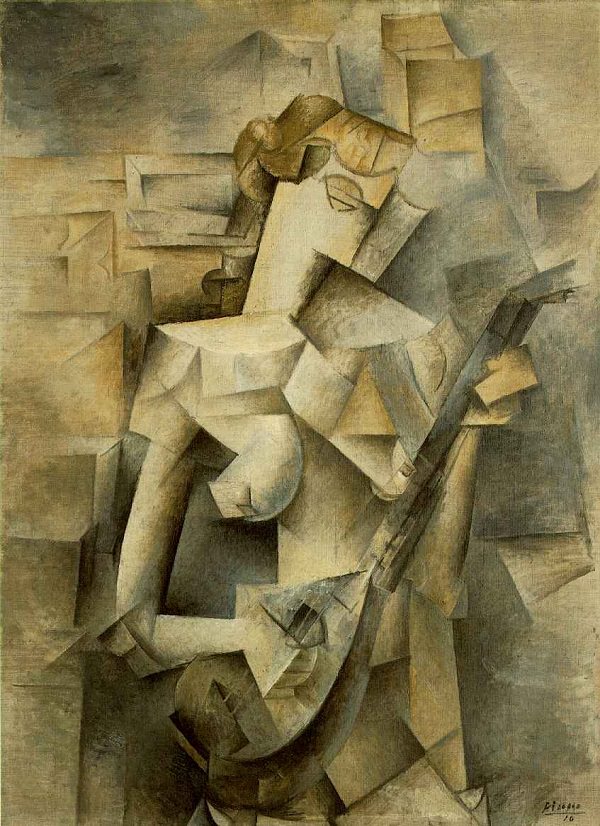 Picasso's 'Girl with a Mandolin,' a Cubist painting capturing the fragmentation and reassembly of form into abstract shapes, depicting a woman holding a musical instrument.
