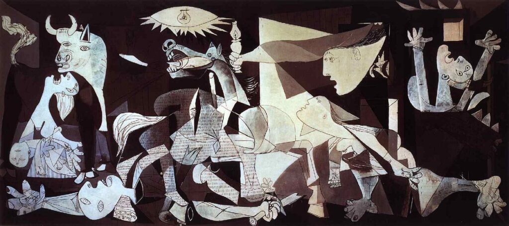Picasso's 'Guernica' depicts the anguish and chaos of war through monochromatic, distorted figures and faces, animals in distress, and broken objects, arranged in a large, mural-sized Cubist composition.