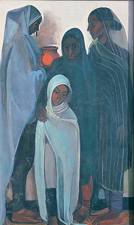 1935 painting 'Hill Women' by Amrita Sher-Gil, portraying a group of draped women in muted blues and greys, with a child wrapped in white, showcasing the quiet strength and graceful solidarity of hill tribe women in India.