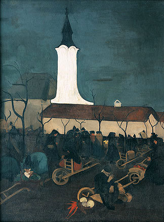 Painting by Amrita Sher-Gil titled 'Hungarian Market Scene' from 1938, showcasing a somber evening market scene with figures in dark attire gathered around market stalls under the watchful presence of a white church spire, reflecting the daily life and communal interactions of a European village.