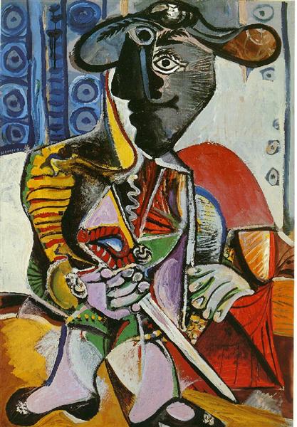 Picasso's 'The Matador' painting, a vibrant and abstract representation of a matador in traditional costume, holding a sword, with a mix of bold colors and cubist shapes.