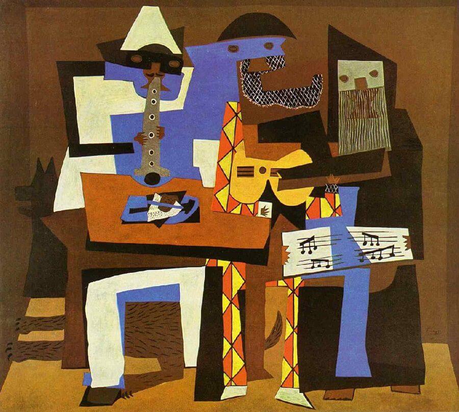 Picasso's 'Three Musicians' presents a vibrant and colorful ensemble of abstract, cubist characters, each playing an instrument, embodying a harmony of shapes and musicality.