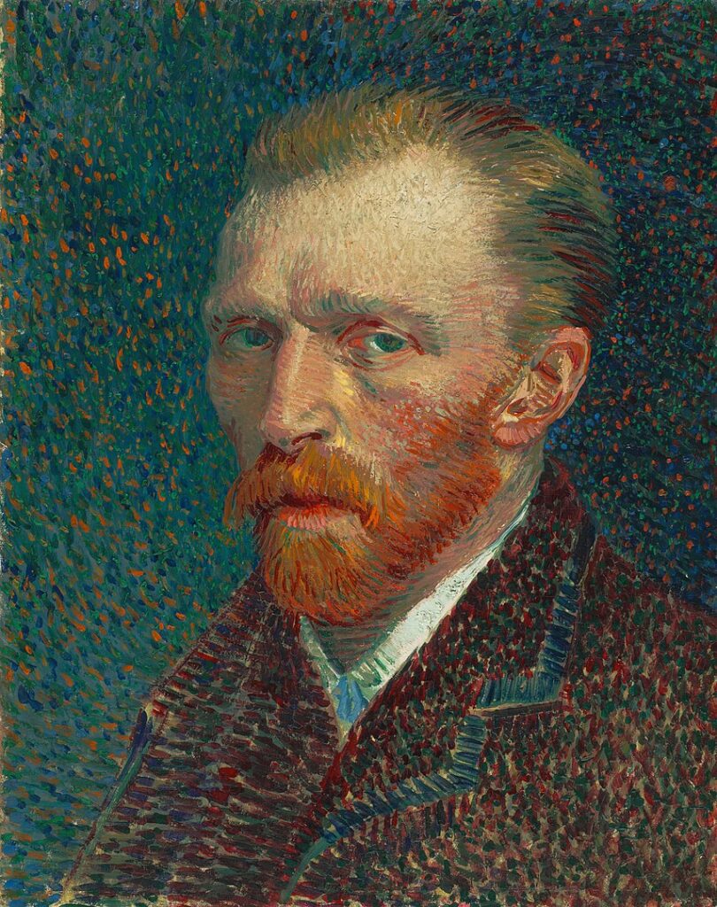 Vincent Van Gogh's self-portrait from 1889, featuring the artist with a stern expression and his iconic red beard. The background consists of a rich tapestry of blues and greens, rendered in dynamic, swirling brushstrokes that create a vivid yet turbulent atmosphere around him.