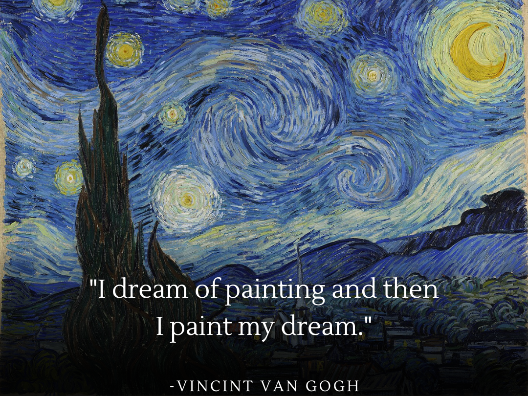 Quote poster featuring Vincent Van Gogh's painting 'Starry Night' with the quote: 'I dream of painting and then I paint my dream.' The image displays a vibrant night sky filled with swirling patterns of blue and yellow, and a dark cypress tree in the foreground, illustrating Van Gogh’s vision of his dreams transformed into art.