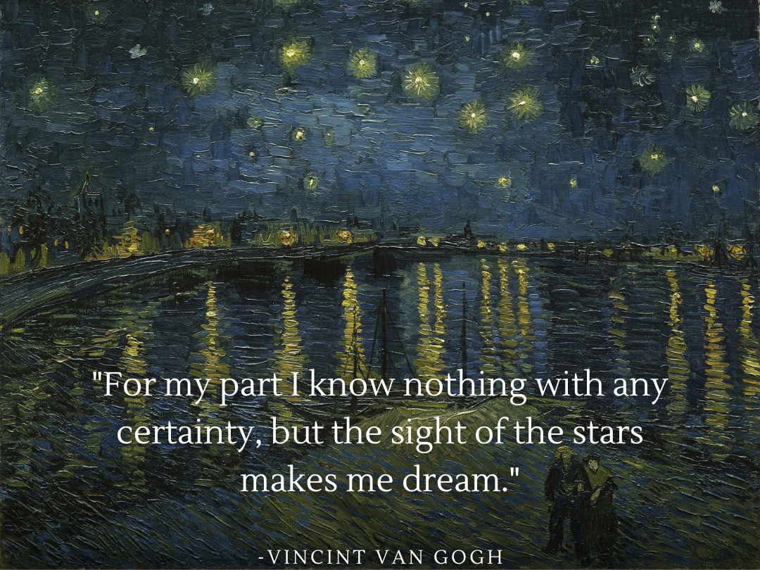 Quote poster featuring Vincent Van Gogh's painting 'Starry Night Over the Rhone' with the quote: 'For my part I know nothing with any certainty, but the sight of the stars makes me dream.' The painting portrays a starlit night with reflections on the Rhone River, symbolizing Van Gogh’s fascination with the night sky as a source of dreams and inspiration.