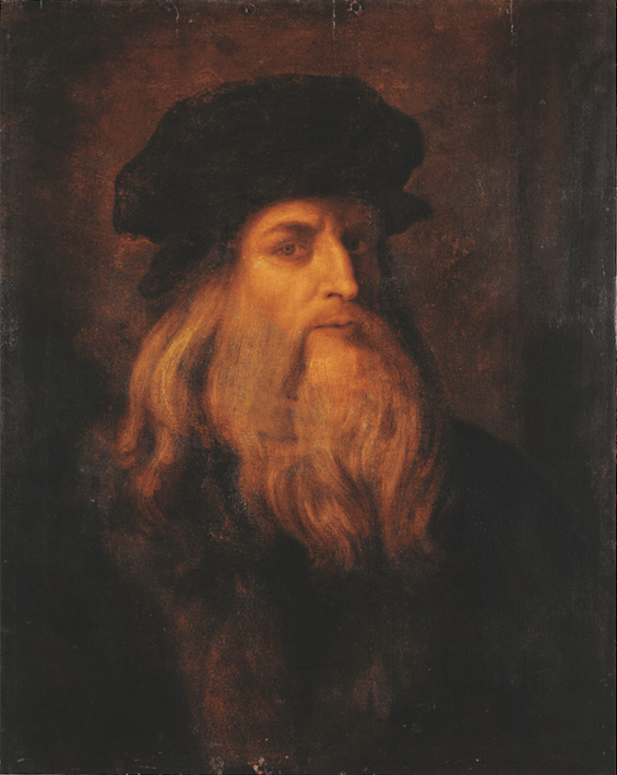 Portrait of Leonardo da Vinci, likely a self-portrait, depicting the artist in a black hat and with a flowing beard, displayed at the Uffizi Gallery, Florence.