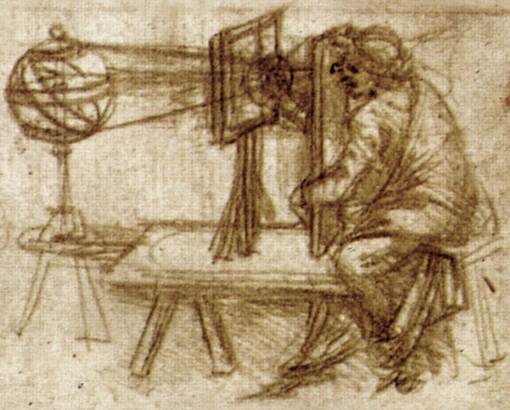 Leonardo da Vinci's drawing from the Codice Atlantico, showing his study of optics and light through a perspectograph, reflecting his contributions to understanding vision and light.