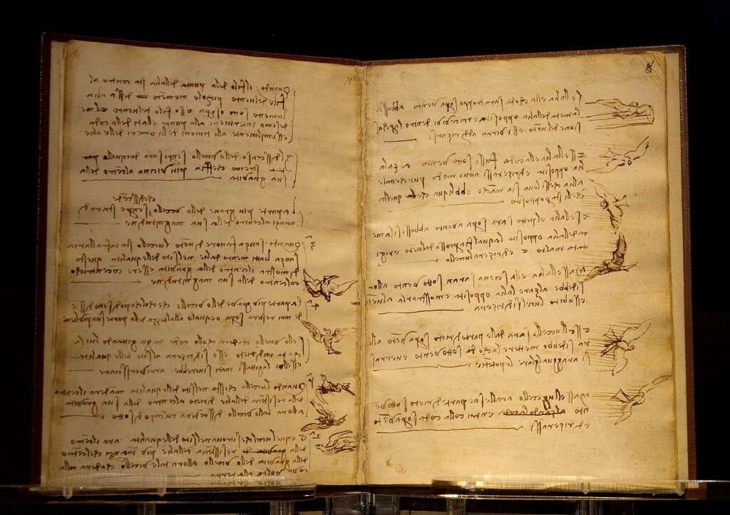 Pages from Leonardo da Vinci's codex on the flight of birds, featuring detailed notes and sketches of bird flight and flying machines, highlighting his contributions to aeronautics and ornithology.