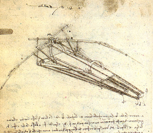 Leonardo da Vinci's sketch of a flying machine, showcasing his pioneering ideas in physics and mechanics.