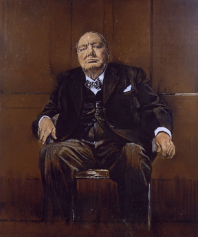Portrait of Winston Churchill by Graham Sutherland, showcasing Churchill seated with a stern expression.