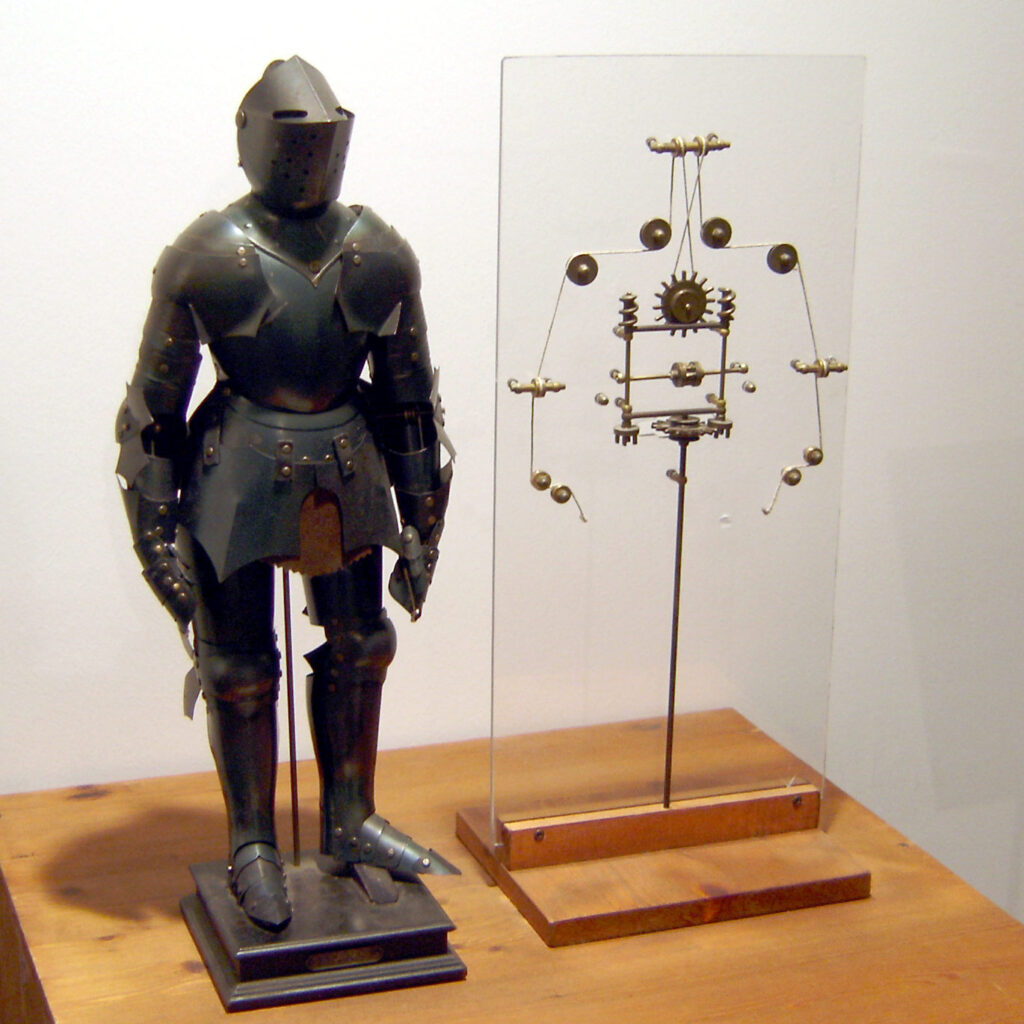 Leonardo da Vinci's robotic knight, showcasing his pioneering work in robotics and mechanical engineering, displayed next to its internal mechanism.