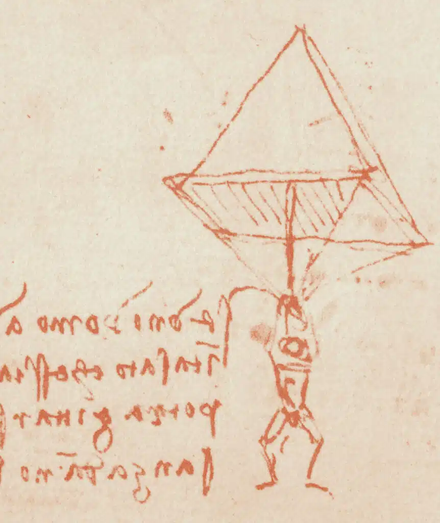 Leonardo da Vinci's 1485 sketch of a parachute, showcasing his innovative design for safe descent, displayed at the Flight Museum. Credit: Flight Museum.