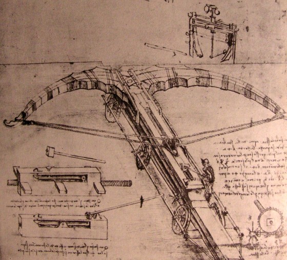 Sketch of Leonardo da Vinci's Giant Crossbow from folio 149a of the Codex Atlanticus, showcasing detailed mechanical design. Credit: The Life and Times of Leonardo, Paul Hamlyn.