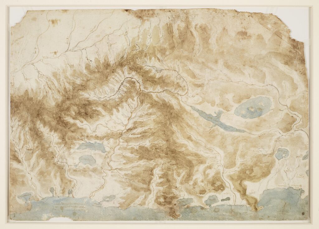 Leonardo da Vinci's map of central Italy, showing detailed rivers and mountains, reflecting his contributions to geology and earth science.