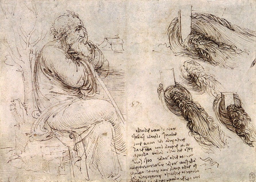 Leonardo da Vinci's 'Old Man with Water Studies' (c. 1513), featuring sketches of an old man and detailed studies of water flow, showcasing his contributions to hydrodynamics and fluid dynamics.