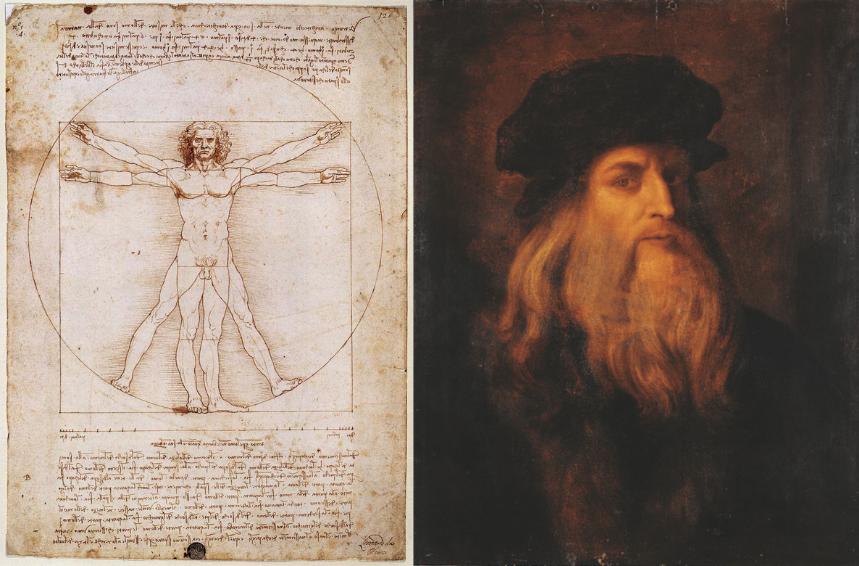 Collage of Leonardo da Vinci's Vitruvian Man and a portrait of Leonardo, showcasing his impact on art and science.
