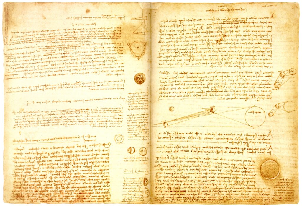 Leonardo da Vinci's codex pages on astronomy and planetary science, showing detailed notes and sketches of celestial bodies, reflecting his contributions to the study of astronomy.