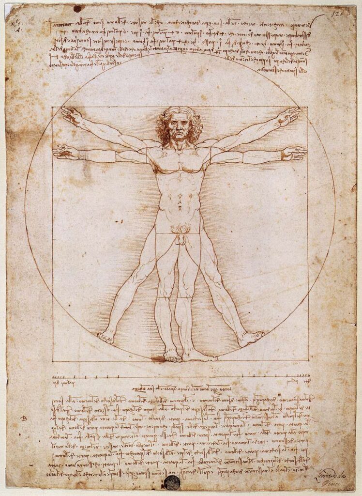 Leonardo da Vinci's Vitruvian Man, a drawing that shows the intersection of art and science through detailed study of human proportions and symmetry.